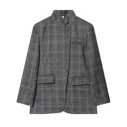 Women Checked Long Blazer with Stand Collar, Concealed Button Placket and Flap Pockets EVA-US