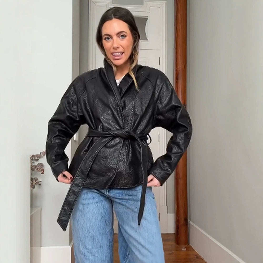 Women's Tailored Wrap Blouson in Structured Leather Look with Tie Belt EVA-US