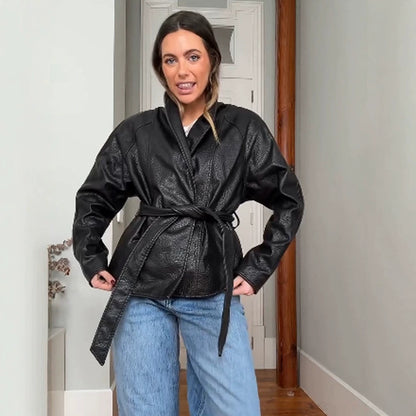 Women's Tailored Wrap Blouson in Structured Leather Look with Tie Belt EVA-US