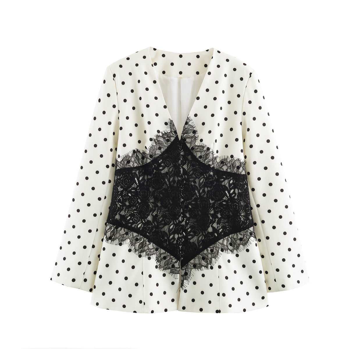 Women's Tailored Blazer with Polka Dot Pattern and Lace-Trimmed Corset Detail EVA-US