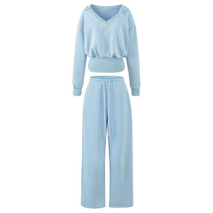 Women's Comfort Lounge Set with Short V Hooded Sweatshirt and High-Cut Wide-Leg Joggers EVA-US