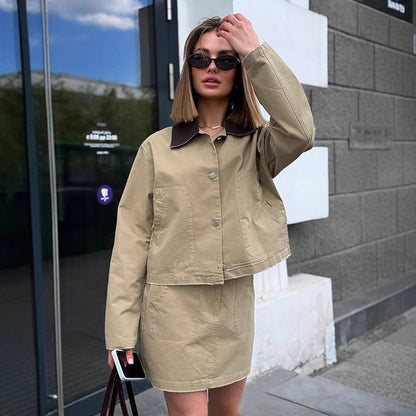 Women's Two-Piece Cotton Utility Set with Cropped Jacket and Mini Skirt EVA-US