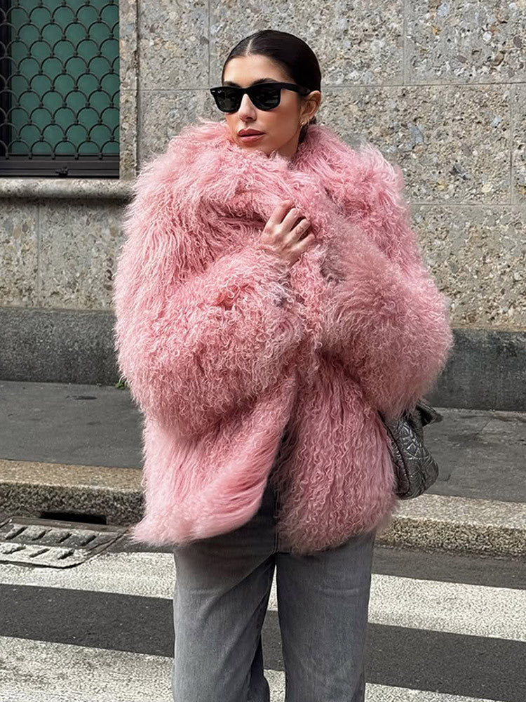 Women Short Cut Shaggy Faux Fur Coat with voluminous Shawl Collar and Oversized Silhouette EVA-US