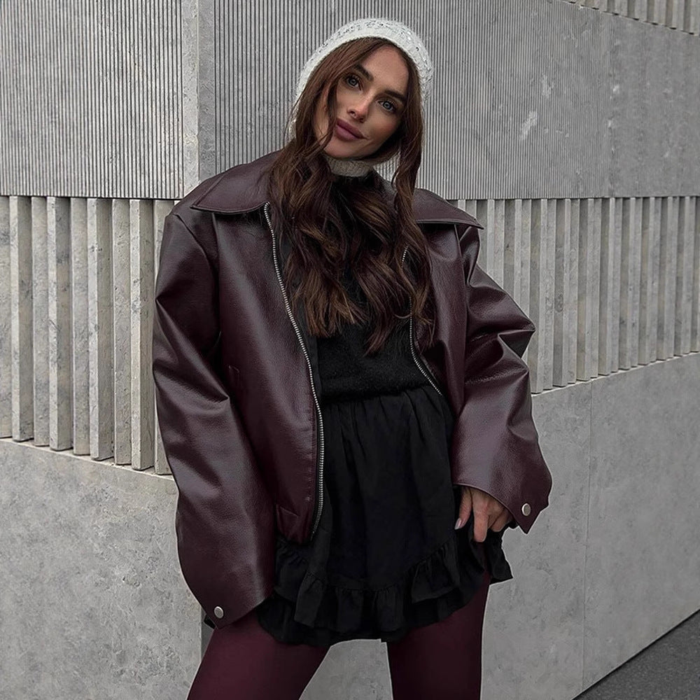 Women Short Oversized Faux Leather Flight Jacket with Distinctive Lapel and Snap Button Cuffs EVA-US