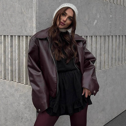 Women Short Oversized Faux Leather Flight Jacket with Distinctive Lapel and Snap Button Cuffs EVA-US