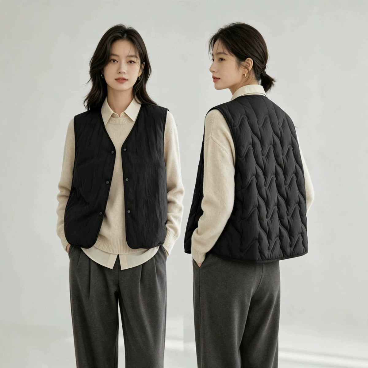 Women’s lightly padded quilted vest with V-neck and press studs EVA-US
