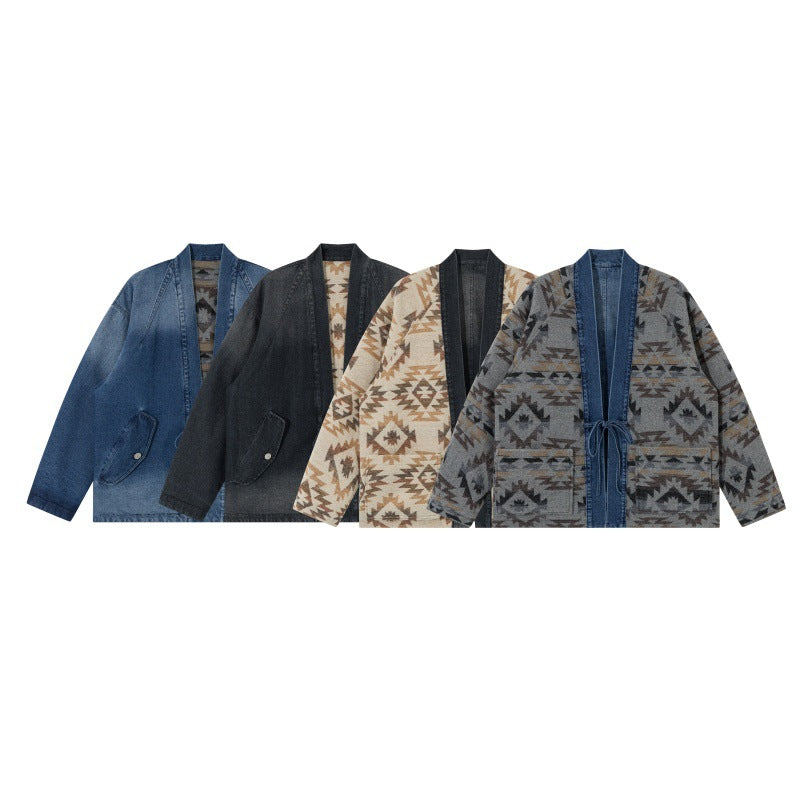 Unisex Jeans Kimono Jacket with Tie Belt and Patterned Lining EVA-US
