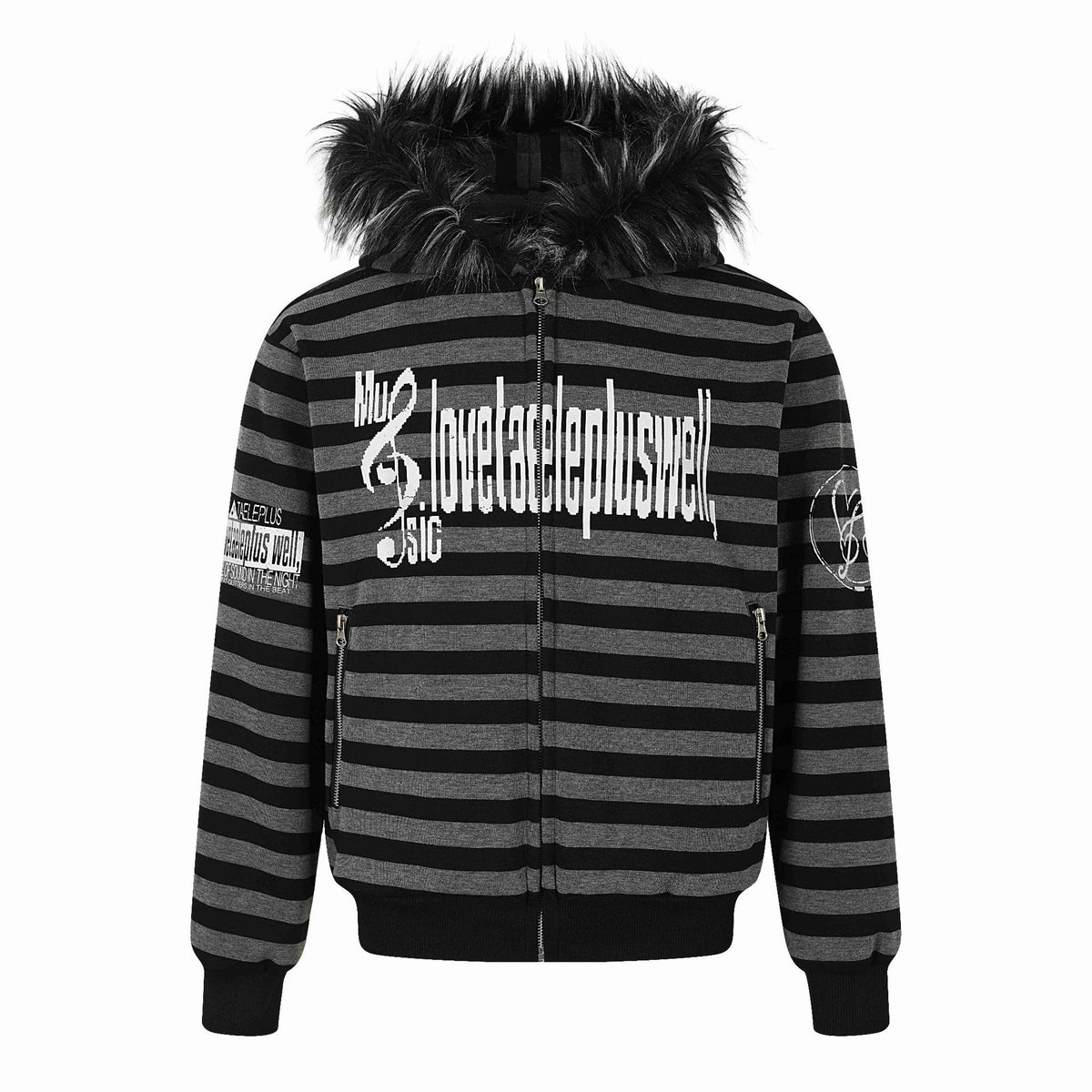 Unisex Striped Hooded Jacket with Faux Fur Hood and Zipper Pockets EVA-US