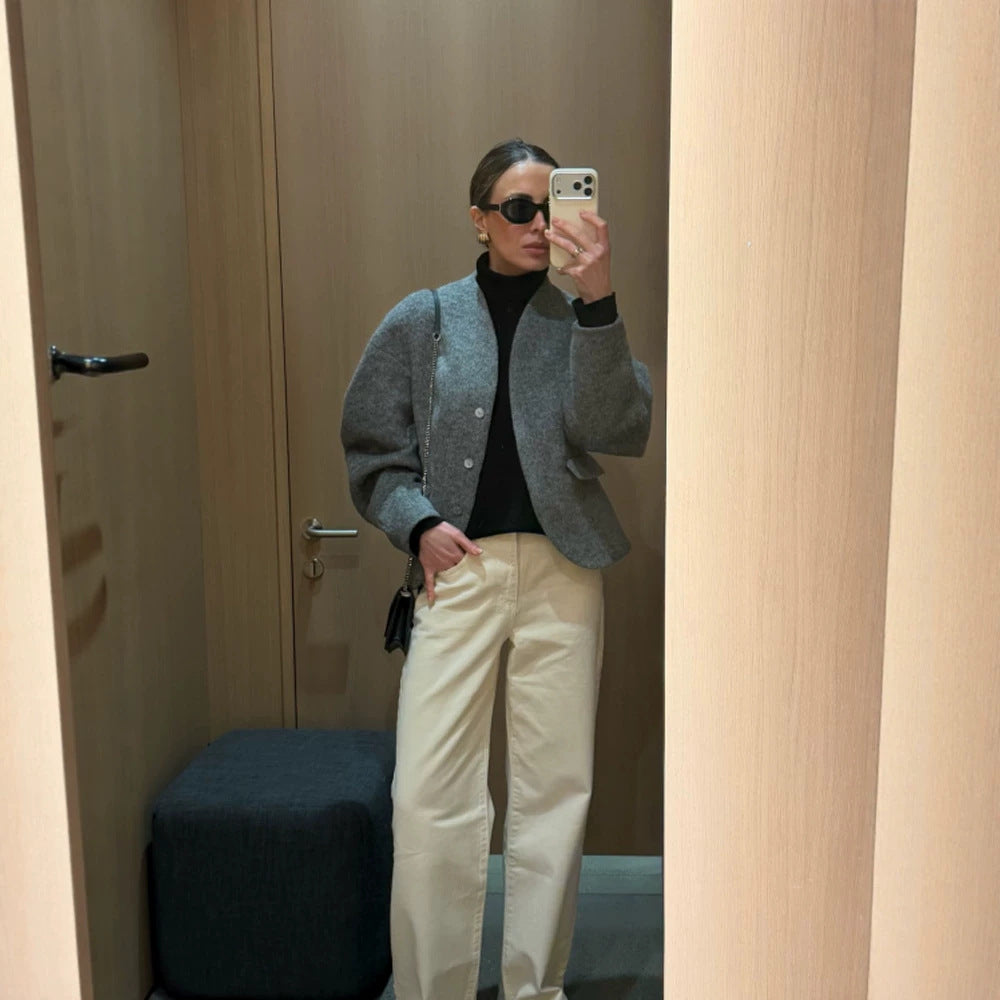 Women's Short Wool Jacket with Balloon Sleeves and Boxy Silhouette EVA-US