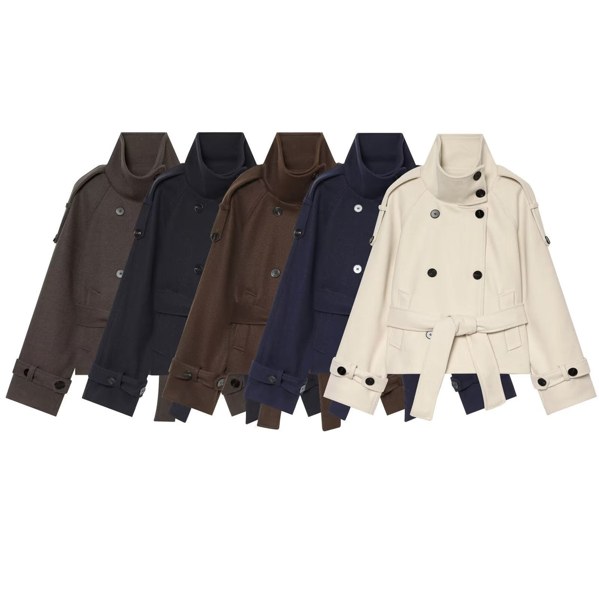 Women short double-breasted cape coat made of wool with stand-up collar shoulder epaulettes and tie belt EVA-US