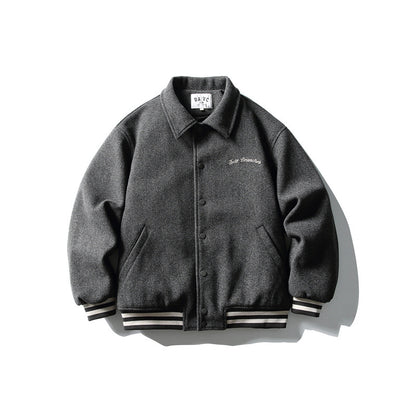 Men's Boxy College Blouson Jacket made of wool blend with snap button closure and striped ribbed cuffs EVA-US