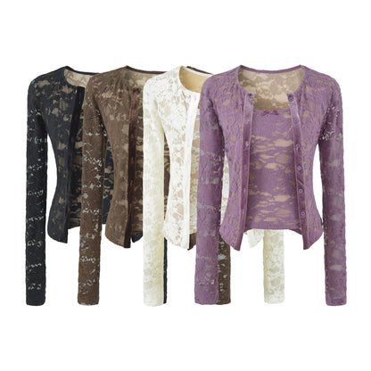 Ladies Fine Lace Cardigan with Matching Under Top and Velvet Trim EVA-US