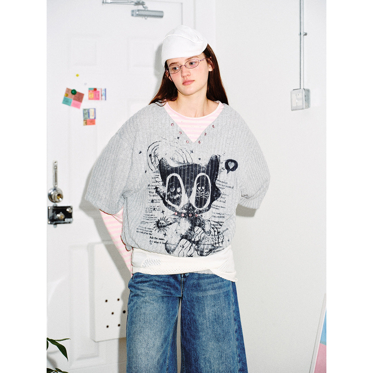 Women Layered Look Long Sleeve with Striped Sleeves and Graphic Statement Print EVA-US