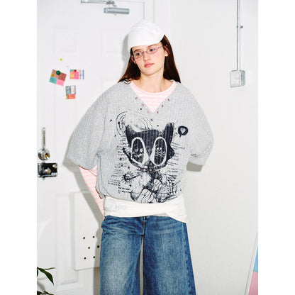 Women Layered Look Long Sleeve with Striped Sleeves and Graphic Statement Print EVA-US