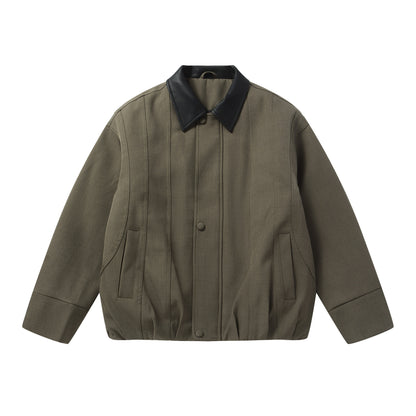 Men's Short Boxy Workwear Blouson with Leather Collar and Vertical Quilting EVA-US