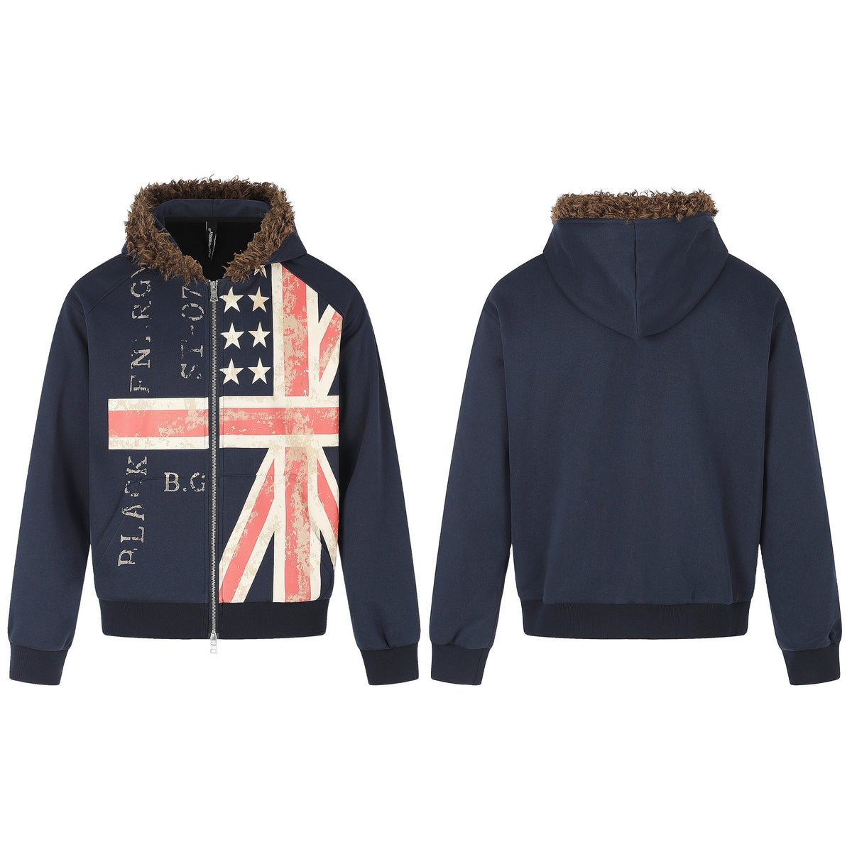 Men's hoodie jacket with faux fur trim, zipper, and vintage flag print EVA-US