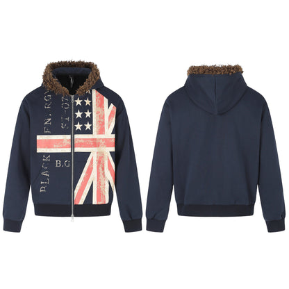 Men's hoodie jacket with faux fur trim, zipper, and vintage flag print EVA-US