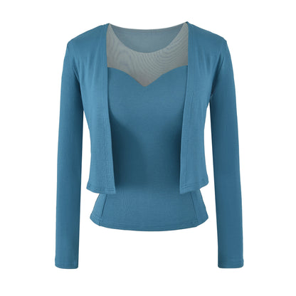 Ladies Two-Piece Fine Knit Top Set with Mesh Insert and Open Cardigan EVA-US