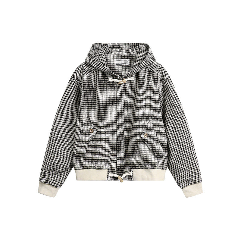 Unisex short-cut hooded blouson jacket in mixed structure with toggle closure and ribbed cuffs EVA-US