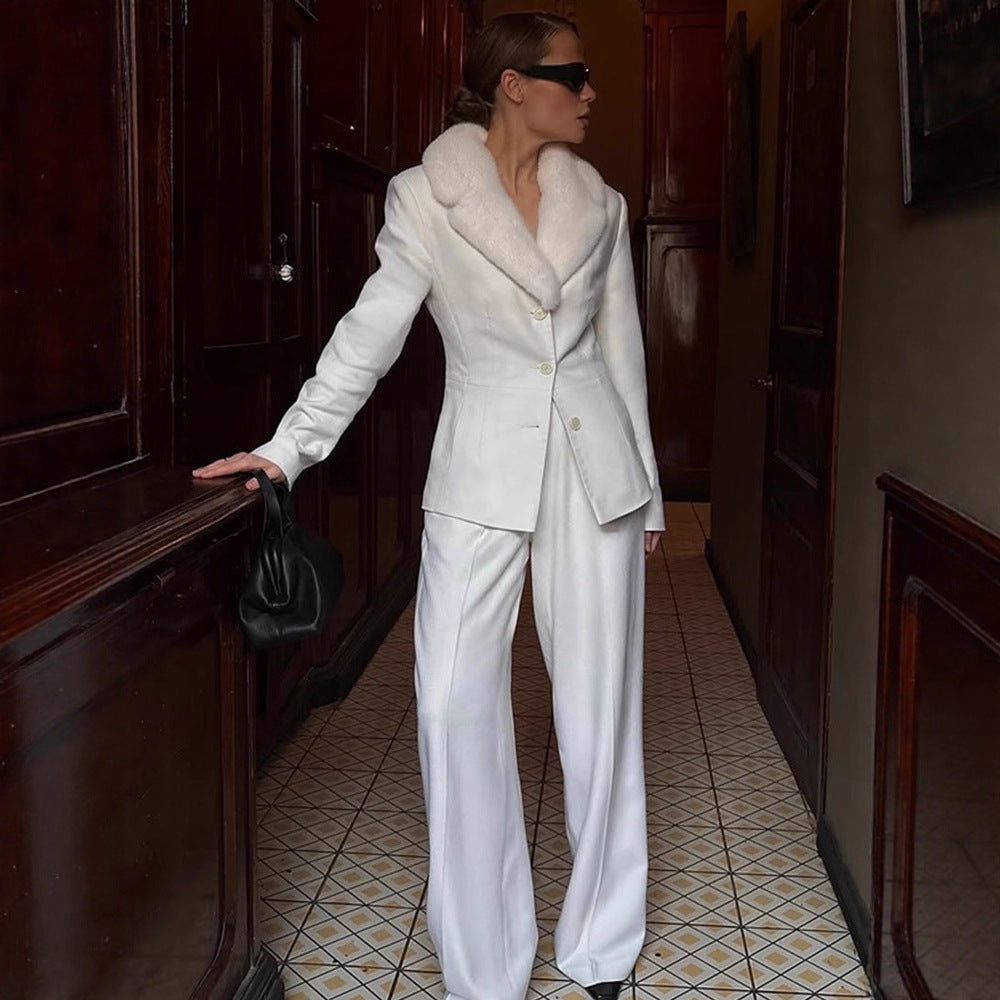 Women's Tailored Blazer with Faux Fur Shawl Collar & Wide Pleated Trousers EVA-US