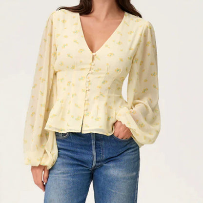 Women’s jacquard lace blouse with tailored peplum and balloon sleeves EVA-US