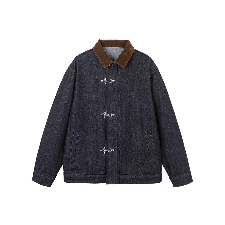 Men's sharply tailored denim workwear blouson with corduroy lapel and metallic hook fasteners EVA-US