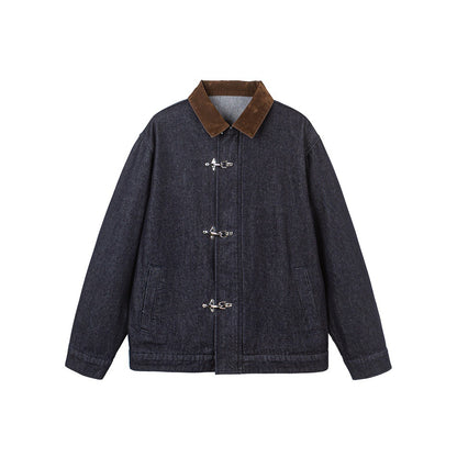 Men's sharply tailored denim workwear blouson with corduroy lapel and metallic hook fasteners EVA-US