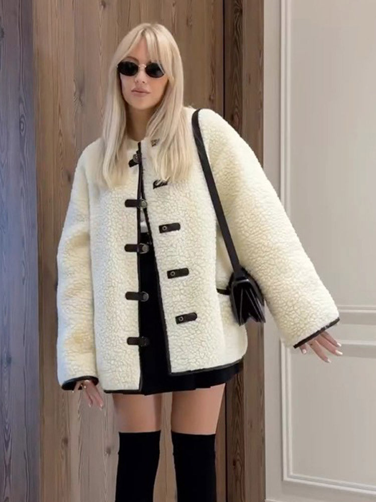 Women Boxy Teddy-Fleece Jacket with Toggle Fastenings and Contrast Edges EVA-US