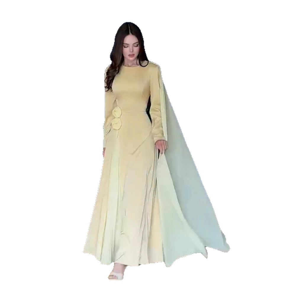 Women's evening dress with cape sleeves, tailored silhouette and decorative flower detail EVA-US