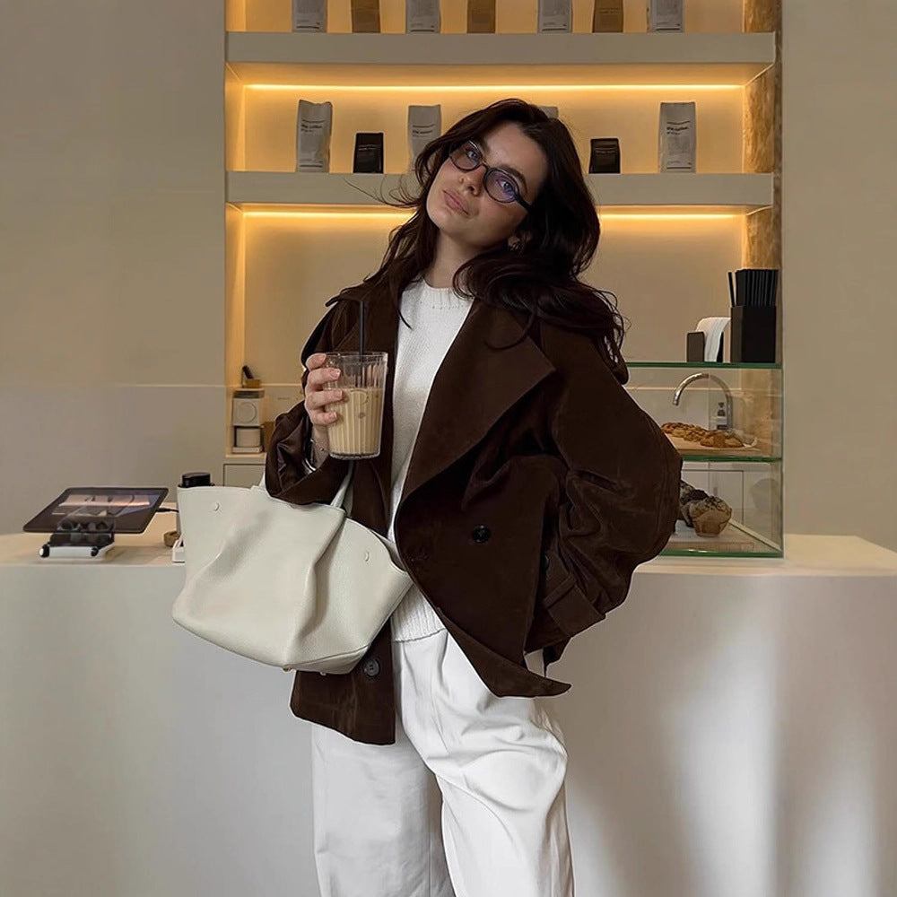 Women's short trench coat in suede look with wide lapels and boxy silhouette EVA-US