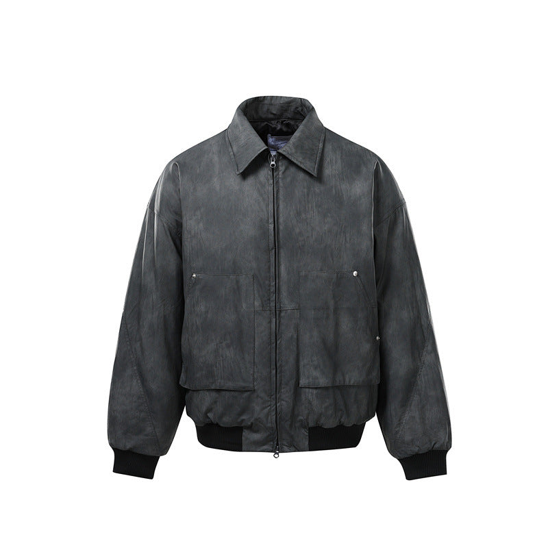 Men's Short Boxy Vintage Leather Look Blouson with Ribbed Cuffs and Large Flap Pockets EVA-US