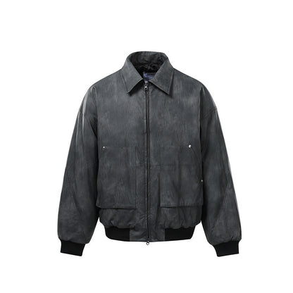 Men's Short Boxy Vintage Leather Look Blouson with Ribbed Cuffs and Large Flap Pockets EVA-US