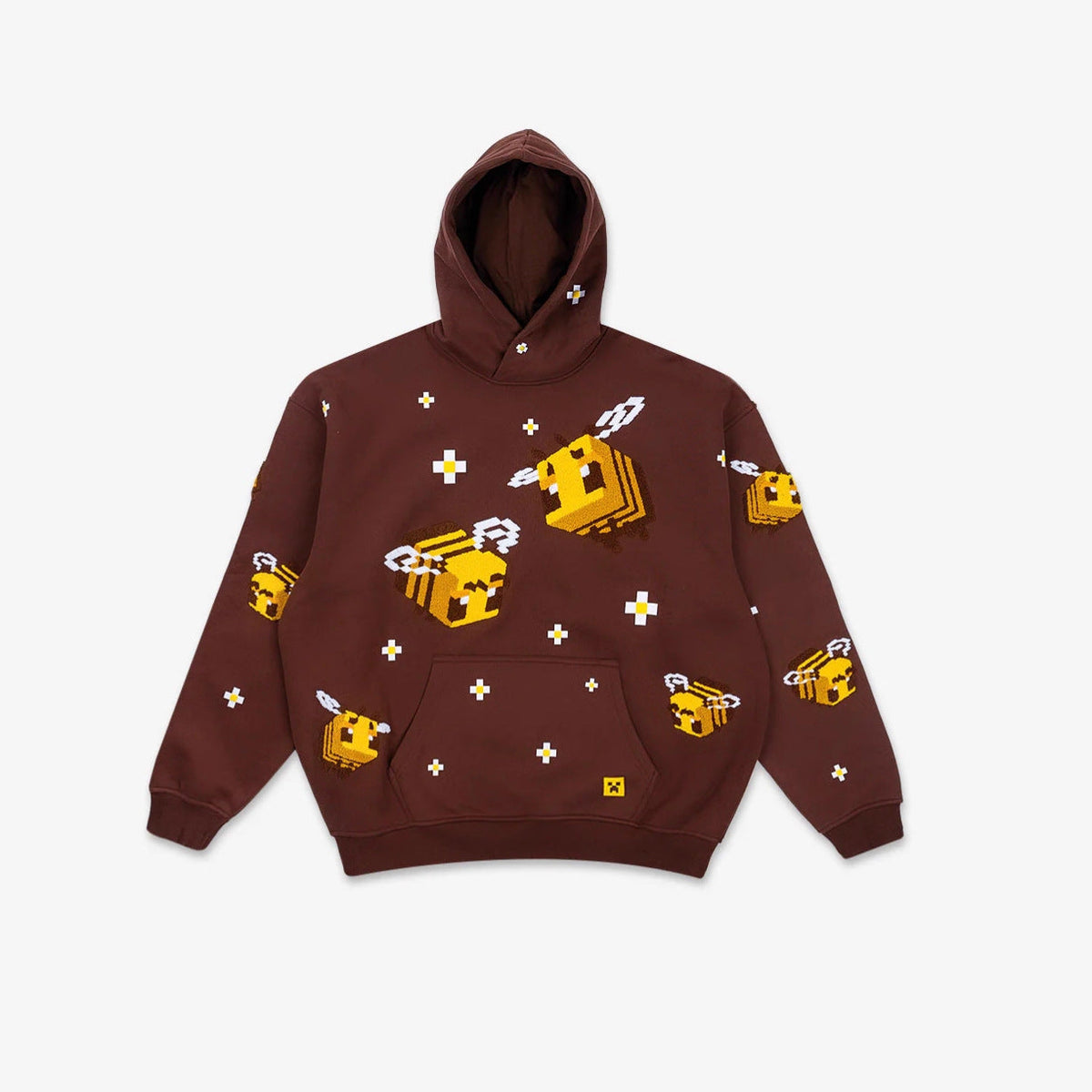 Unisex knitted hoodie with integrated pixel bee design and applied kangaroo pocket EVA-US