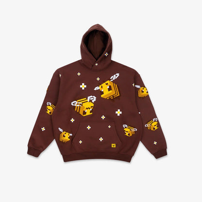 Unisex knitted hoodie with integrated pixel bee design and applied kangaroo pocket EVA-US