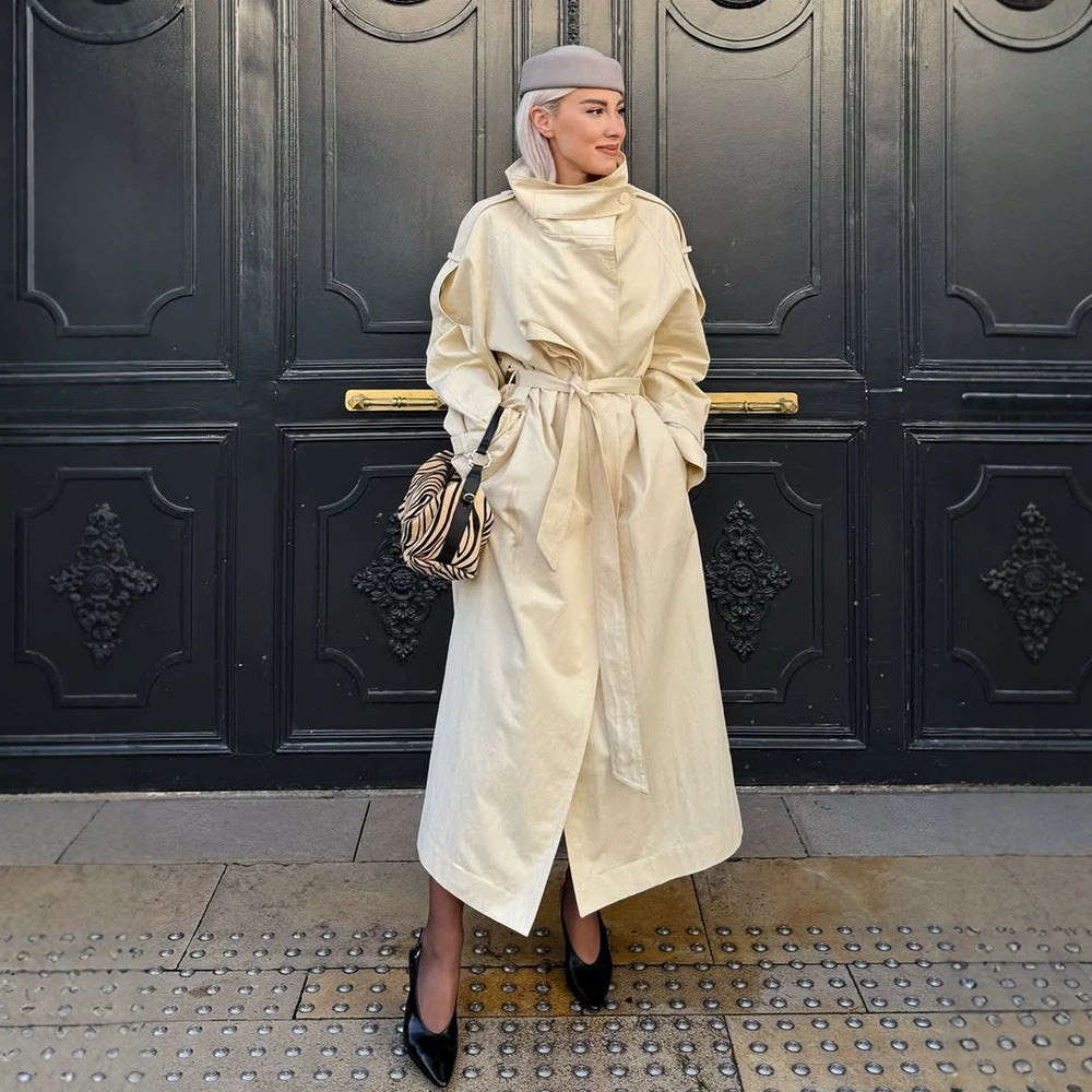 Women’s longer lighter trench coat with wide shawl collar and dropped shoulder EVA-US