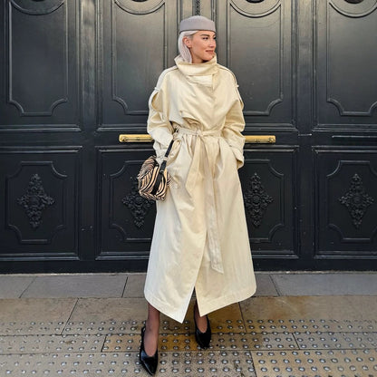 Women’s longer lighter trench coat with wide shawl collar and dropped shoulder EVA-US