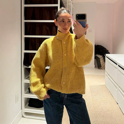 Women's Oversized Knit Jacket with Ribbed Structure and Stand-Up Collar EVA-US