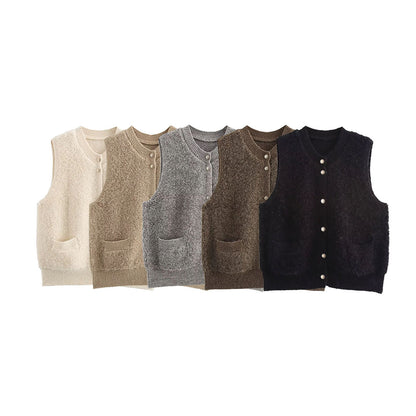 Ladies Sleeveless Teddy Vest with Button Placket and Patch Pockets EVA-US