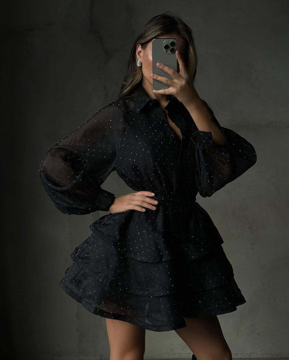 Women Transparent Ruffle Mini Dress with Shirt Collar, Balloon Sleeves and Waist Belt EVA-US