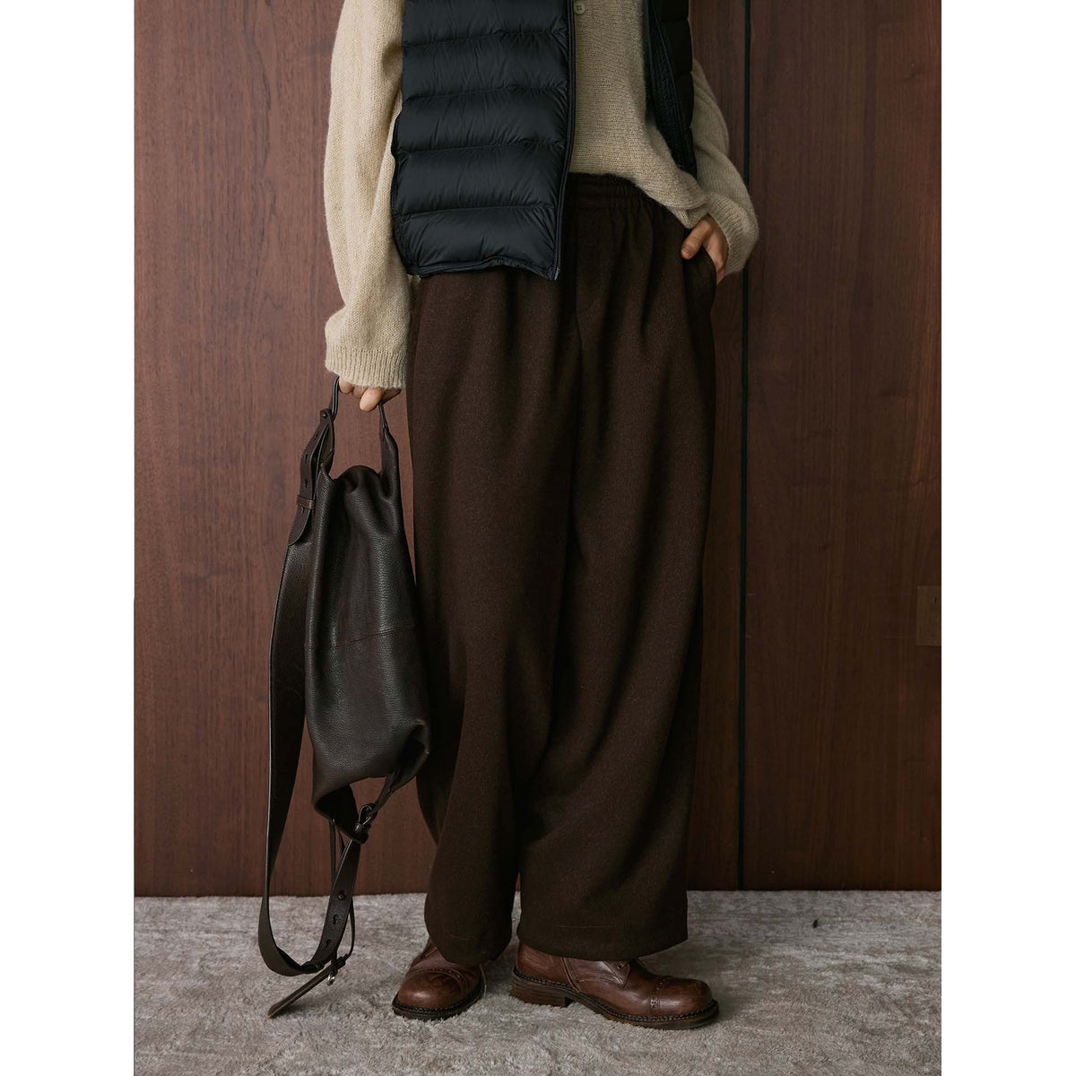 Women's Wide Wool Culotte with Rolled Contrast Hem and Elastic Waistband EVA-US