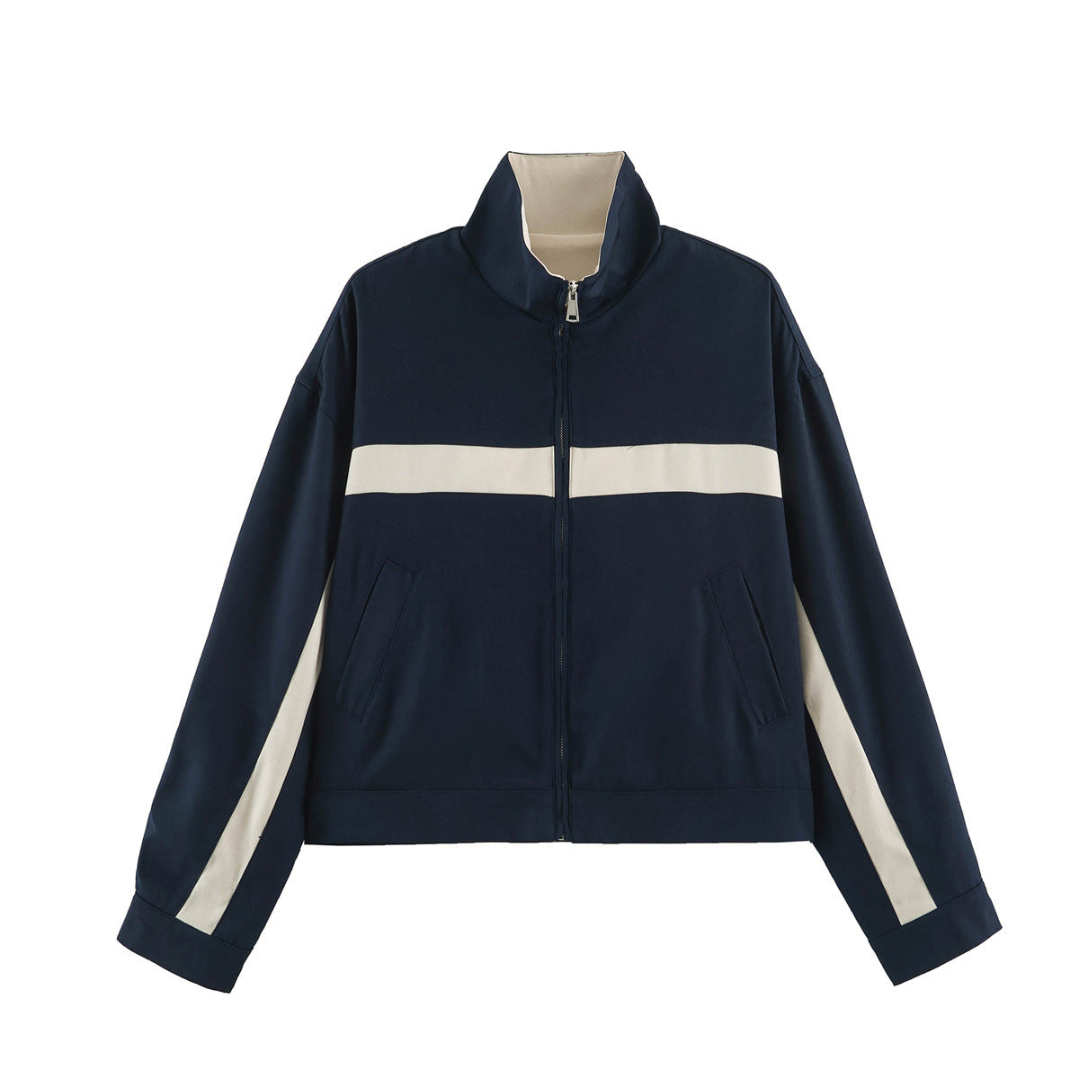 Ladies Cropped Track Jacket with Stand-up Collar, Zipper and Side Contrast Stripes EVA-US