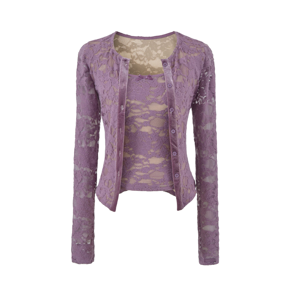 Ladies Fine Lace Cardigan with Matching Under Top and Velvet Trim EVA-US