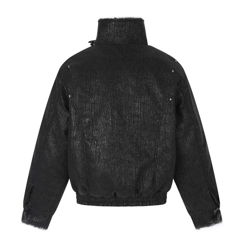 Women's cropped bomber jacket with a high stand-up collar, faux fur trim, and double belt detail EVA-US