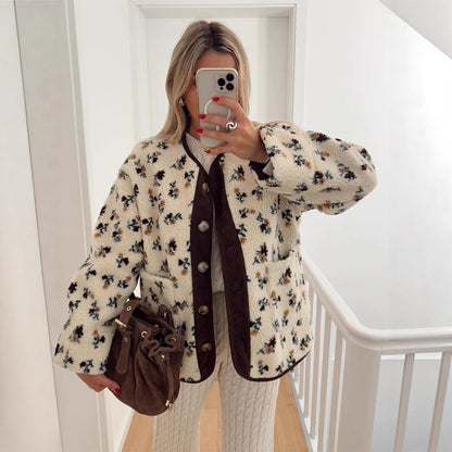Women's teddy fleece jacket with floral print, cord placket, patch pockets, and oversized lace collar EVA-US