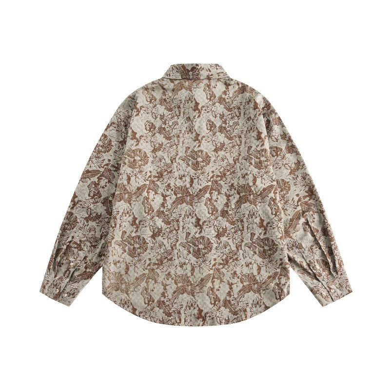 Unisex Oversized Shirt Jacket with Floral Jacquard Structure and Rounded Hem
