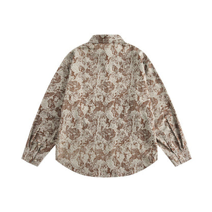 Unisex Oversized Shirt Jacket with Floral Jacquard Structure and Rounded Hem