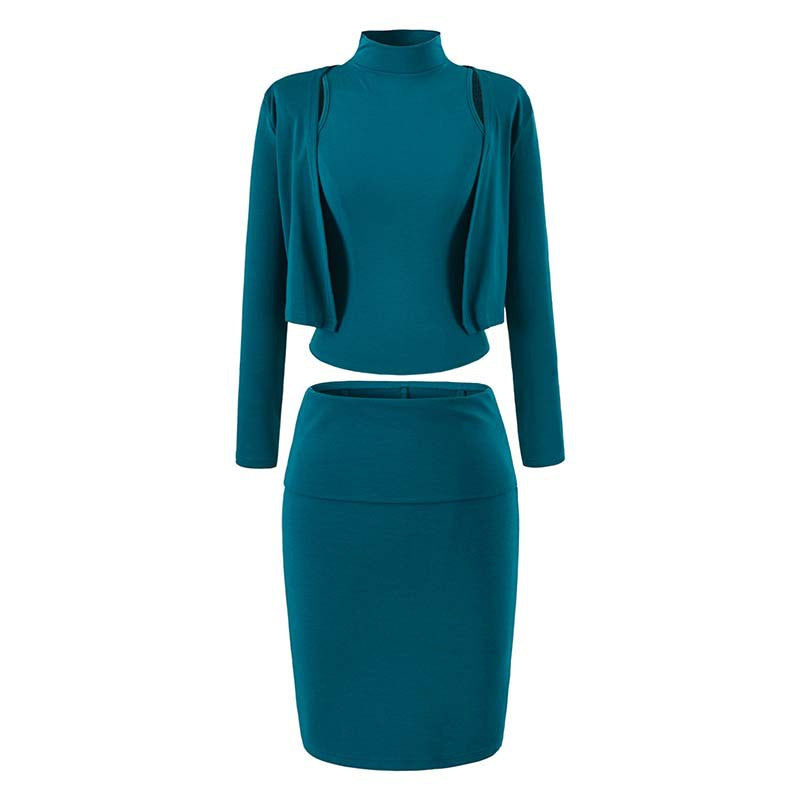 Ladies two-piece business knit set with turtleneck top, bolero, and pencil skirt EVA-US