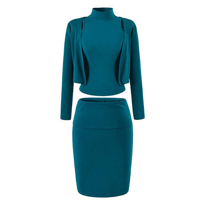 Ladies two-piece business knit set with turtleneck top, bolero, and pencil skirt EVA-US