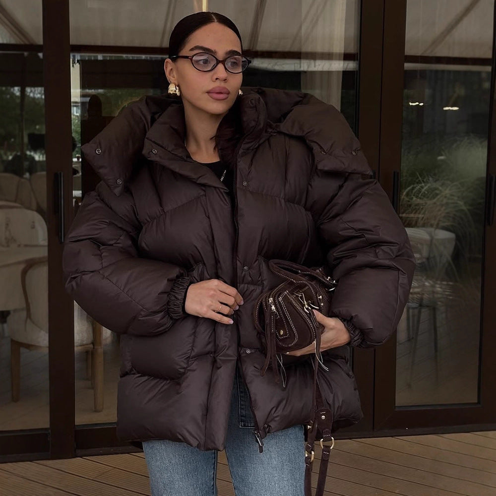 Women's Oversize Quilted Jacket with High Shawl Collar and Padded Filling EVA-US