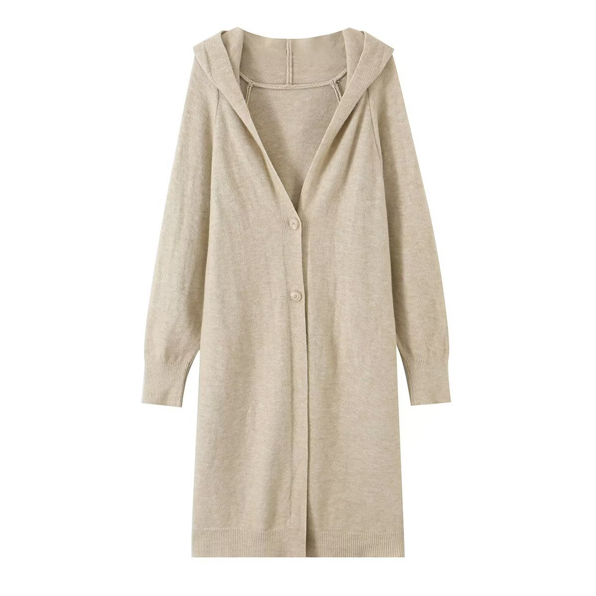 Women Long Hooded Cardigan with Full Button Placket and Ribbed Cuffs EVA-US